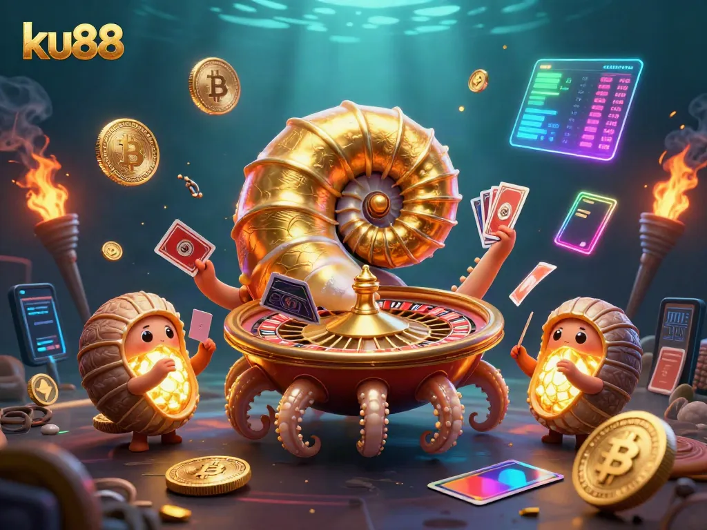 Engage with ku88 as the giant nautilus showcases a vibrant casino scene filled with neon crypto coins.