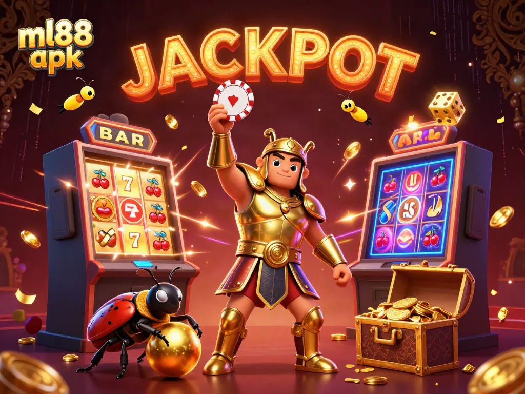 Experience the excitement of ml88 apk as a cartoon beetle lifts a winning poker chip amidst vibrant casino elements.