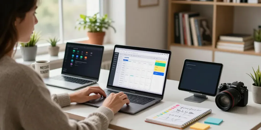Find freelancers online in a cozy home office with productive setup.