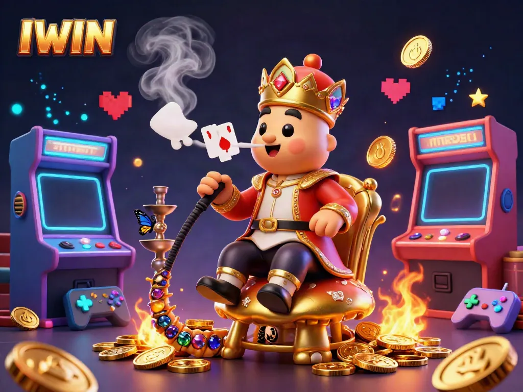 IWIN brings excitement with a lively scene of colorful arcade machines and a caterpillar master.