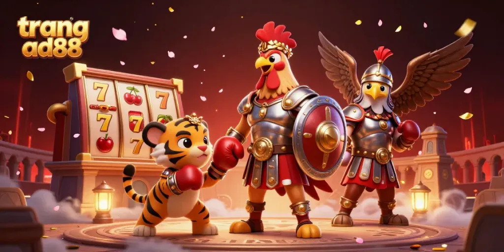 Win big with trang ad88 in a vibrant, action-packed casino scene featuring a rooster hero.