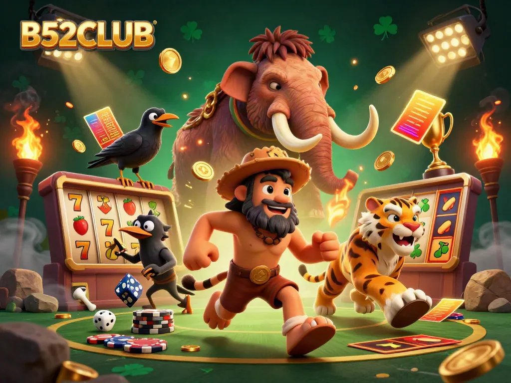 Engage in thrilling gameplay at B52CLUB's prehistoric casino with caveman characters and vivid gaming elements.