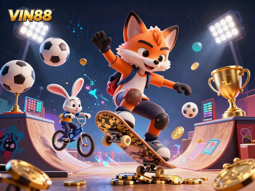 Experience the excitement of VIN88 with a skateboarding fox and BMX rabbit in a dynamic casino scene.