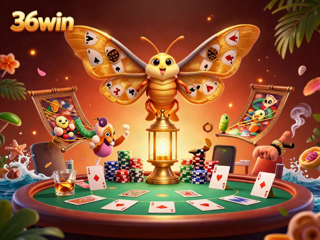 Engage with 36win's thrilling casino experience illustrated by a vibrant moth tableau featuring poker game elements.