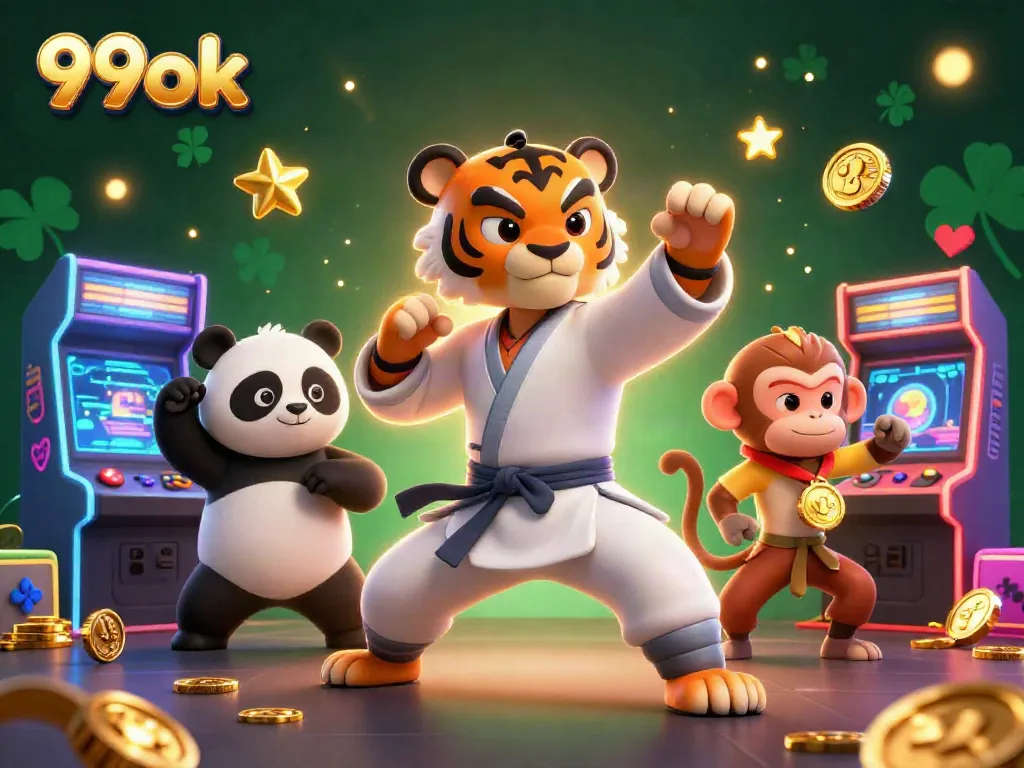 Engage in thrilling games at 99ok, featuring vibrant characters and festive casino elements.