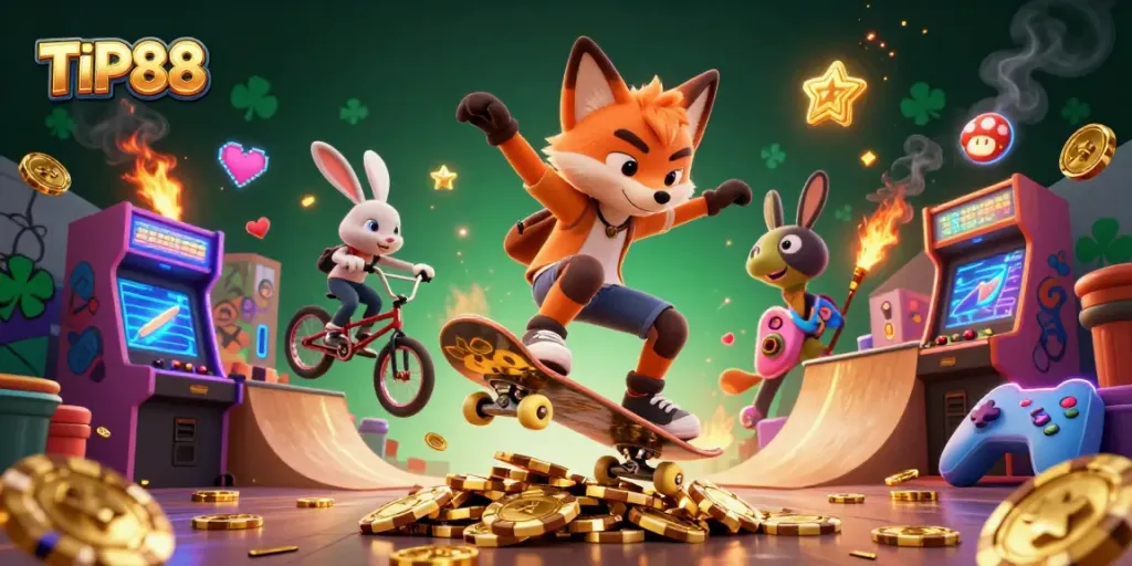 Skateboarder fox and BMX rabbit showcasing TIP88 in a vibrant casino-themed illustration with poker chips.