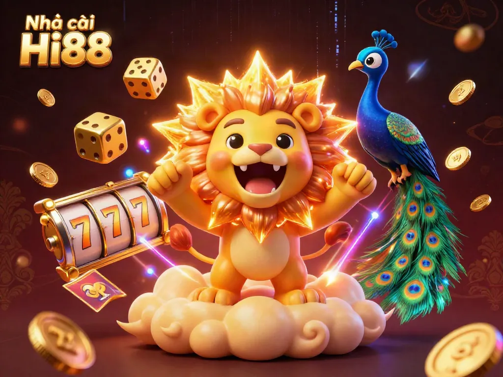 Experience the thrill of Nhà cái Hi88 with a vibrant and dynamic casino scene featuring iconic gaming elements.