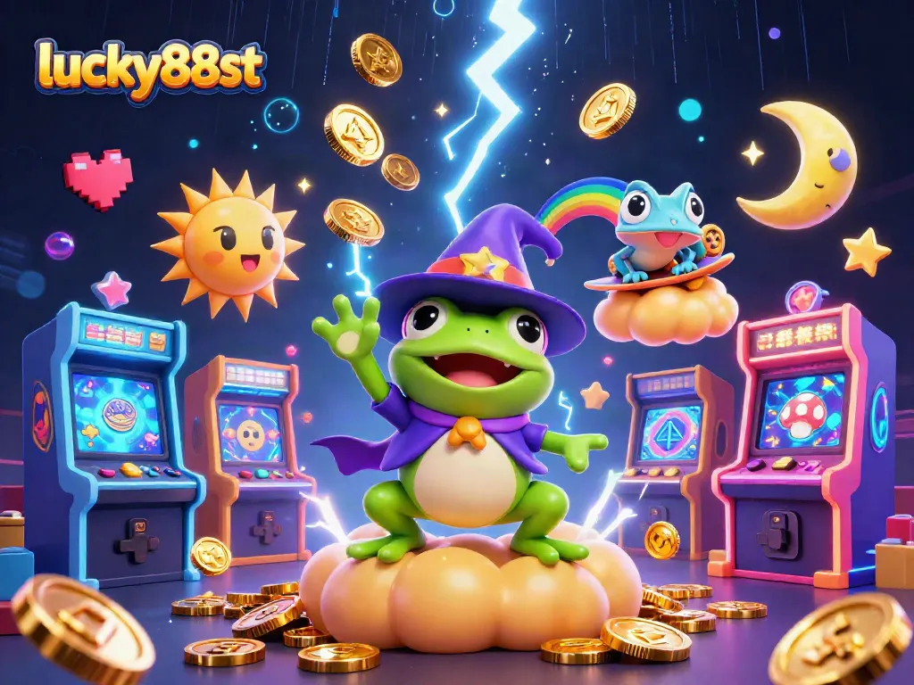 Experience lively gaming with lucky88st as a wizard frog conjures coins amidst arcade excitement.