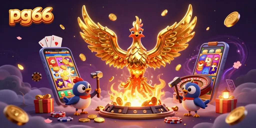 Experience the thrill of pg66 with a vibrant illustration of a phoenix, gold coins, and casino games.