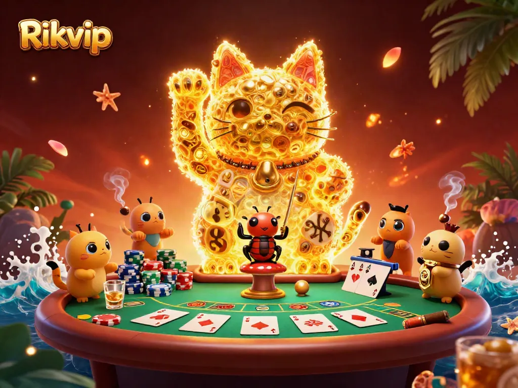 Experience the excitement of Rikvip with a vibrant 3D illustration of a lucky cat at a poker table.