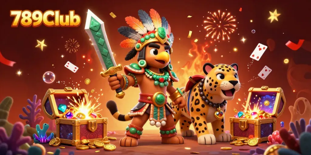 Experience the excitement of 789Club with Aztec warriors, treasure chests, and vibrant gaming elements.