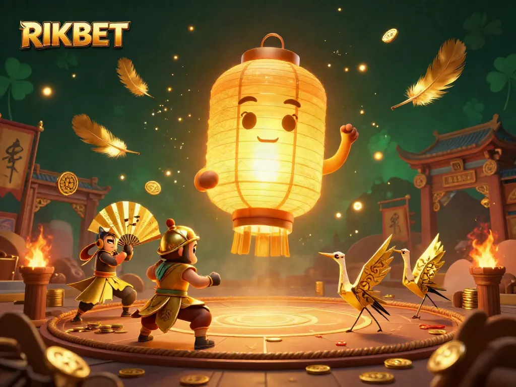 Experience the vibrant world of RIKBET with a glowing lantern spirit and adventurous companions in a thrilling casino scene.