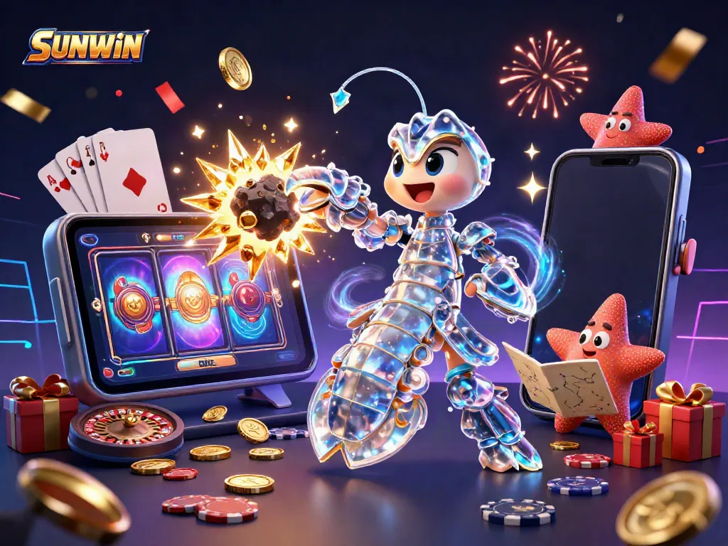Experience the excitement at SUNWIN with dynamic gaming elements in a vibrant, colorful casino scene.