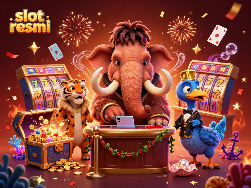 Experience slot resmi excitement with a mammoth casino bouncer, a saber-tooth tiger guest, and vibrant slot elements.