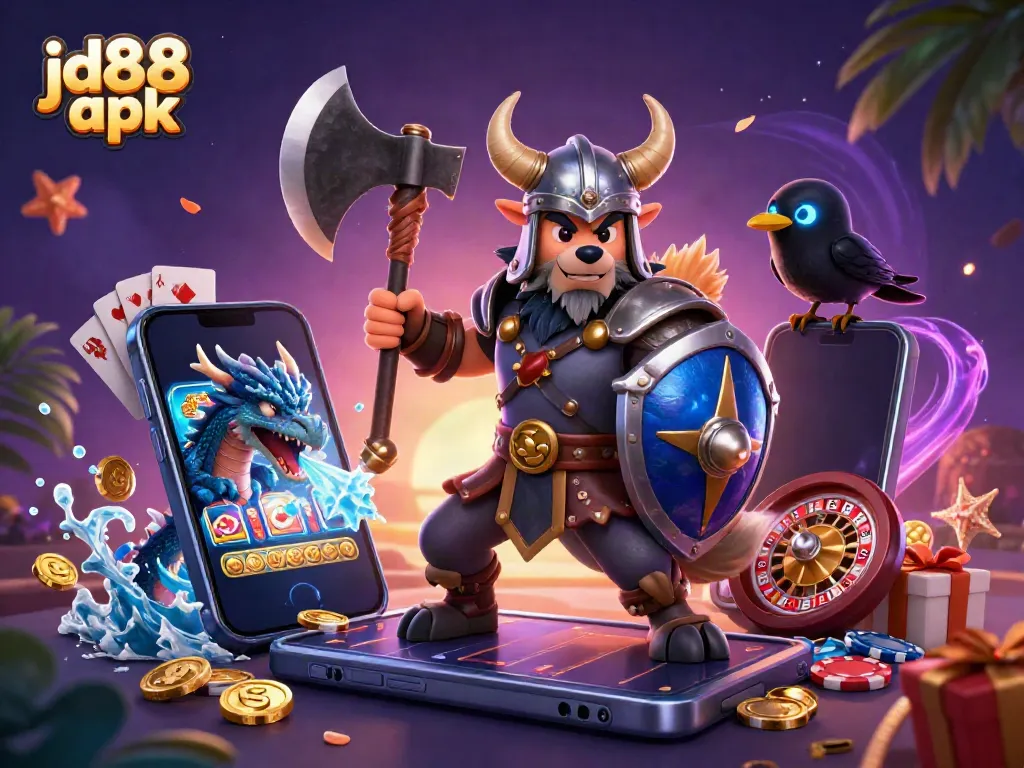 Engage with JD88 apk, featuring Viking warrior and dragon in a dynamic online casino scene.