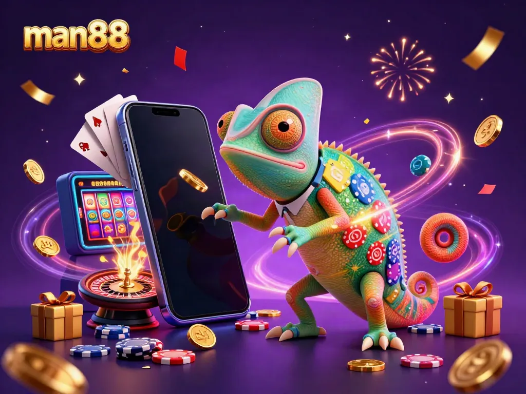 Experience the colorful world of man88 with vibrant game elements and a dynamic chameleon owner in action.