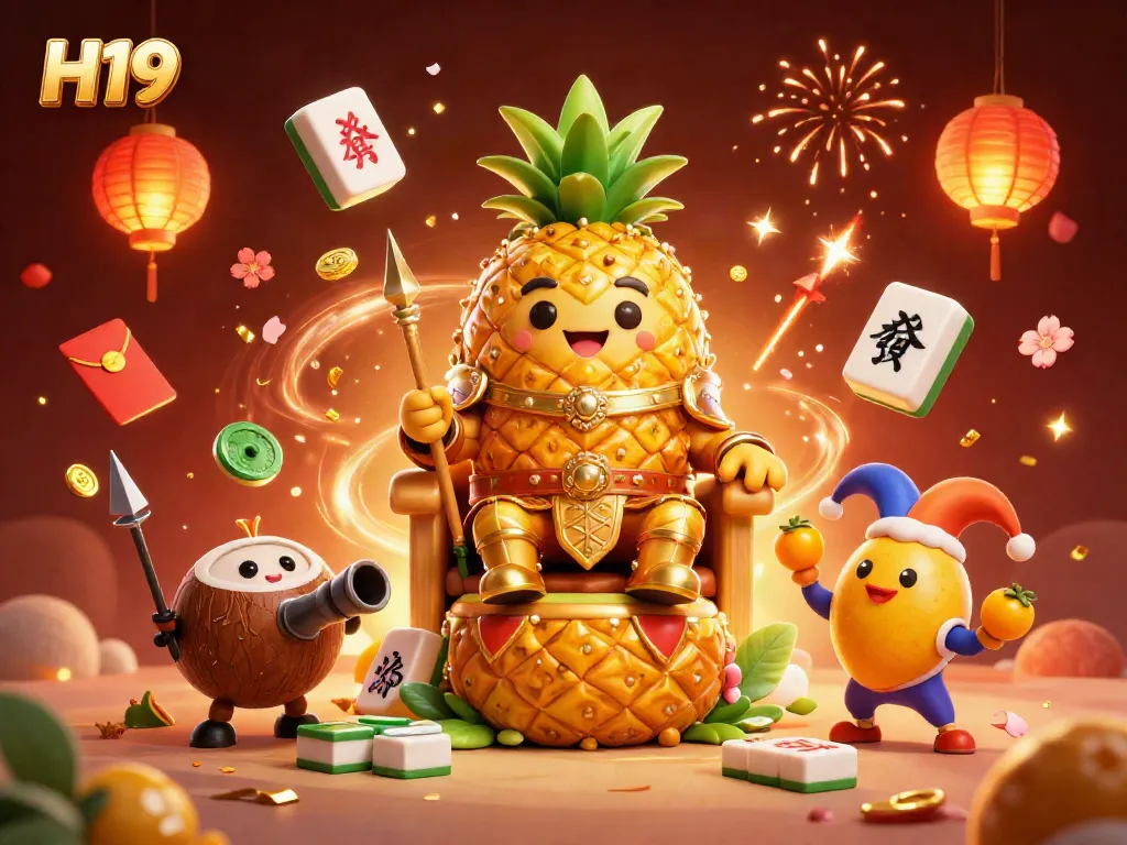 H19 gaming scene with a golden pineapple king and festive elements showcasing online casino excitement