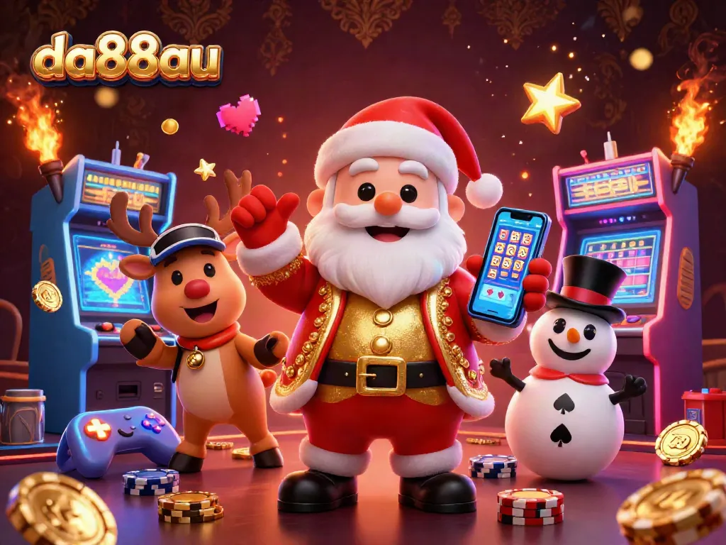 Experience excitement at da88au with Santa, reindeer dealer, and poker chip snowman in a vibrant casino scene.