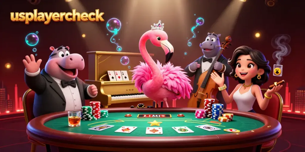 Experience vibrant gameplay with usplayercheck's lively casino scene featuring a singing flamingo and hippo bassist.