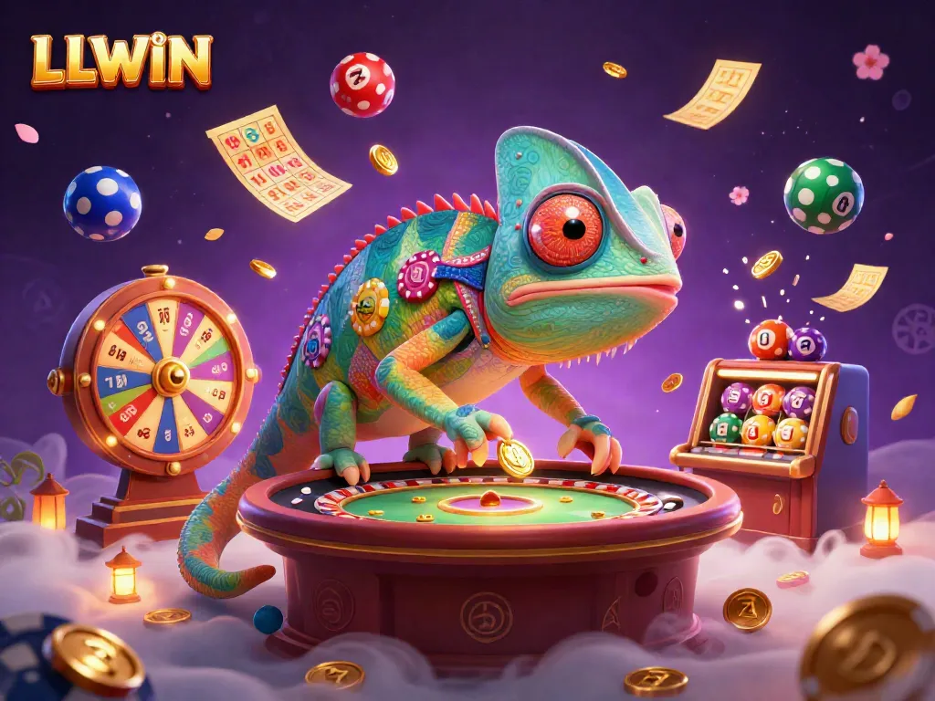 Experience LLWIN's vibrant casino world with a dynamic chameleon owner and thrilling lottery visuals.