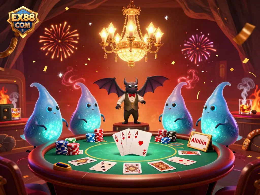 Experience the excitement of EX88 COM Casino with vibrant glowworms and a bat dealer in a dynamic poker setting.