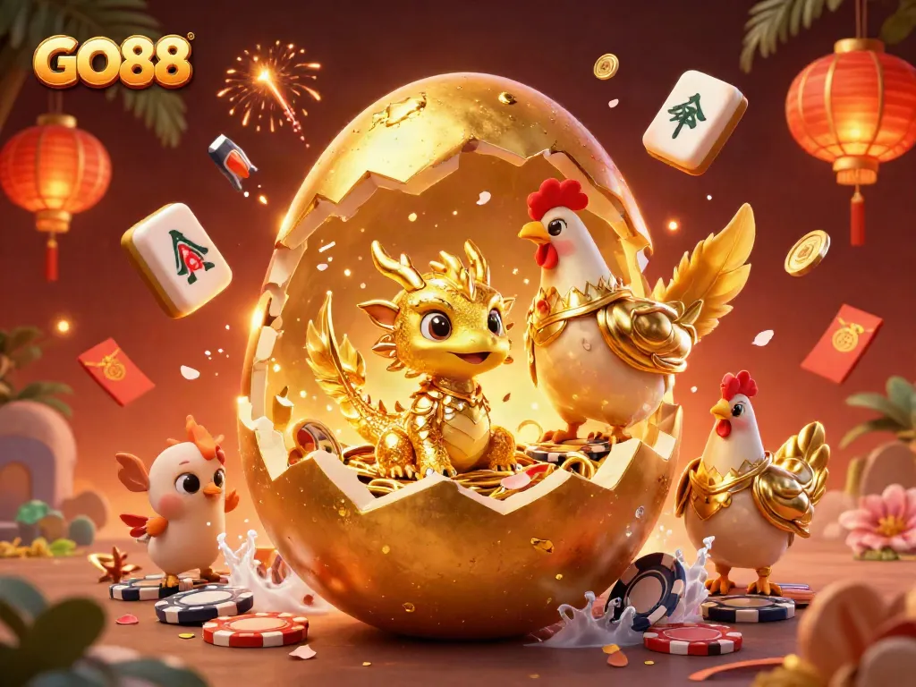 Engage with GO88's captivating casino scene featuring a golden dragon among poker chips.