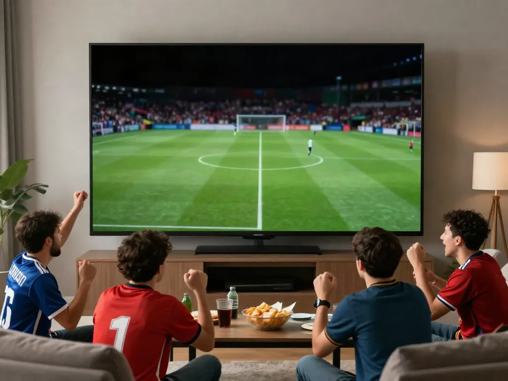 Fans enjoying a thrilling football match on Thapcamtv in a lively living room setting.