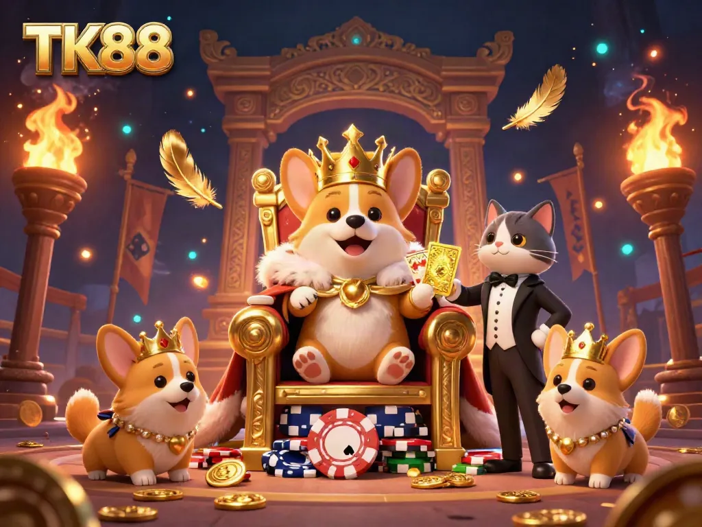 Experience the excitement of TK88 with a regal corgi on a poker chip throne, surrounded by dynamic casino elements.