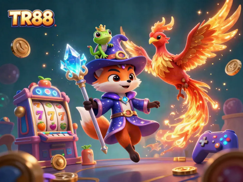 Spin the reels at TR88 with a magical wizard fox and phoenix, surrounded by slot games.