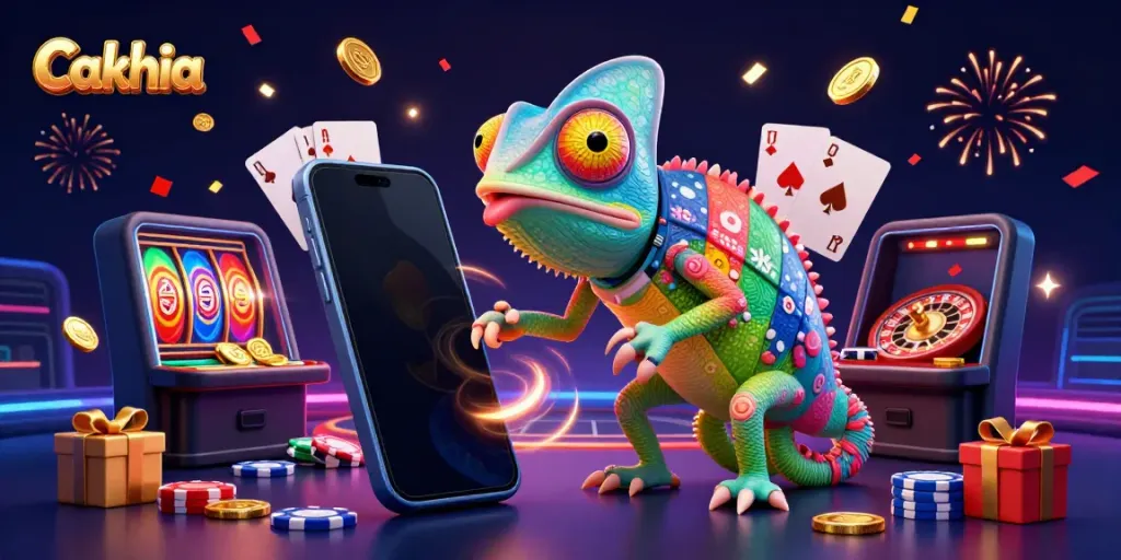 Cakhia presents a vibrant casino scene with a colorful chameleon owner and dynamic gaming elements.