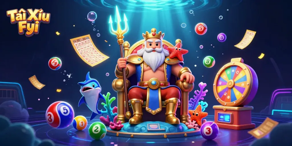 Tài Xỉu Fyi showcases a vibrant underwater world of lottery balls and prizes with King Neptune and allies.