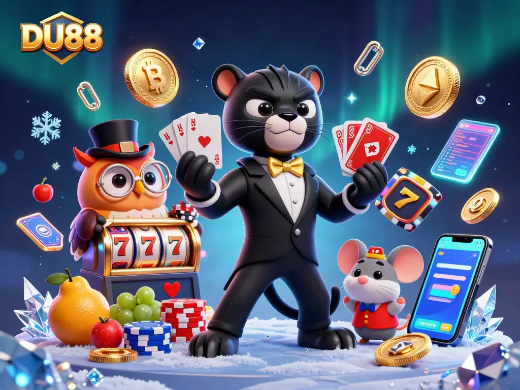 Engage with DU88's vibrant gaming scene featuring a panther, owl, and mouse amid dynamic casino elements.