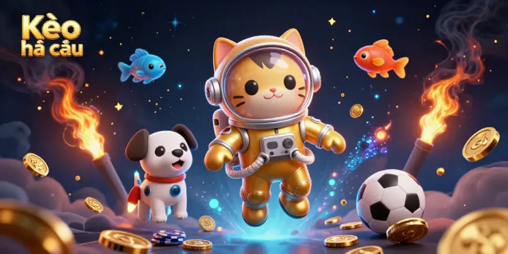 Experience Kèo nhà cái sports betting in an action-packed 3D digital illustration with a cat astronaut and robot dog.