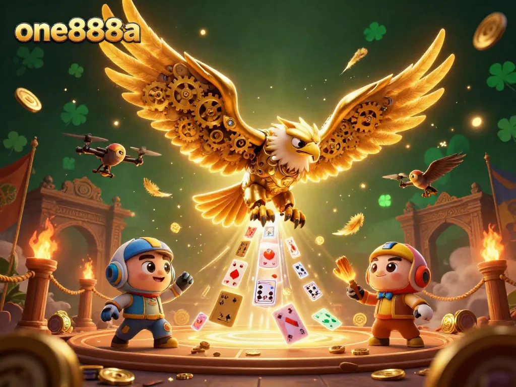 Experience thrilling action with one888a, a dynamic 3D scene of a cybernetic eagle amidst holographic playing cards.