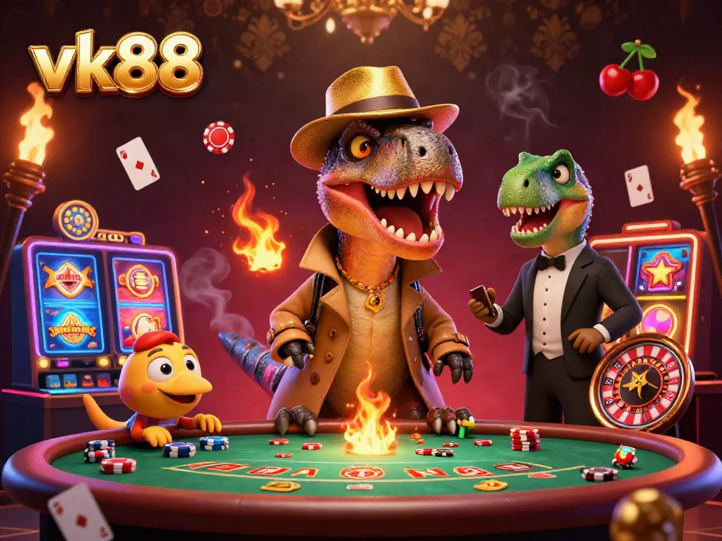 Experience the thrilling vk88 casino scene with a sneaky velociraptor card counter and vibrant game elements.