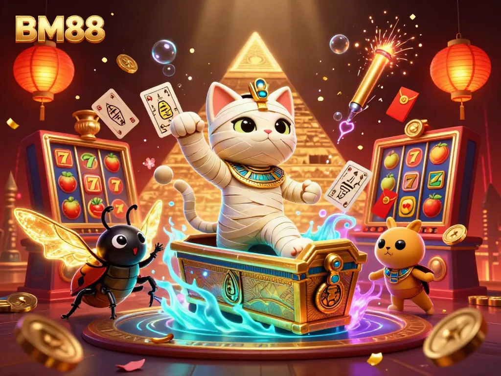 Engage in thrilling slot games and jackpots at BM88 with an exciting pyramid casino scene.