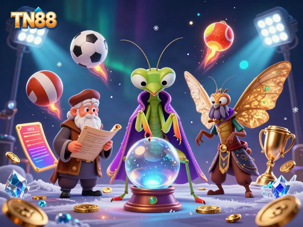 Engaging TN88 gaming scene with a mystical fortune teller and sports elements in a vibrant casino setting.
