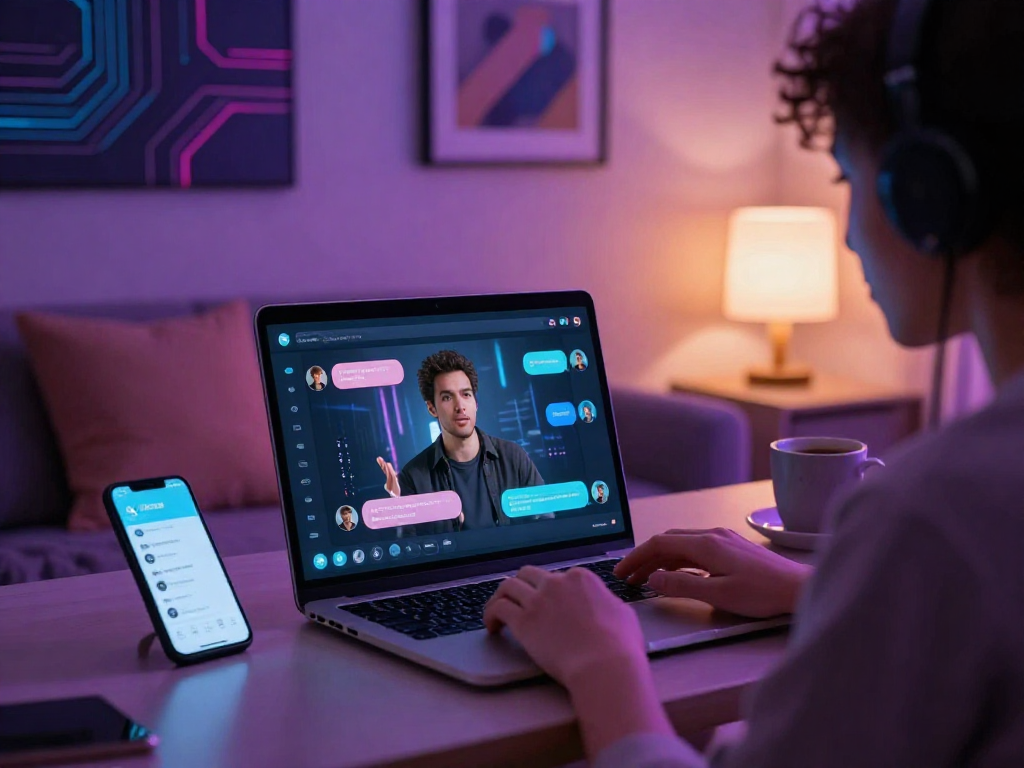 Engaging in a digital porn chat ai environment with a laptop and neon ambiance.