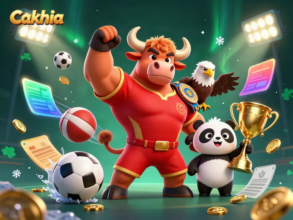 Cakhia showcases dynamic sports betting elements with a jubilant bull, eagle, and panda in action.