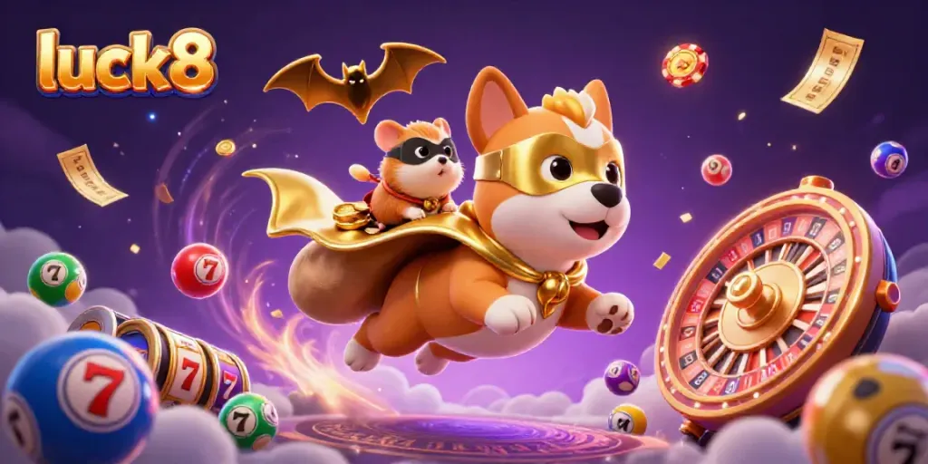 Experience excitement with luck8 as a superhero dog flies through a dynamic casino scene filled with colorful elements and jackpots.