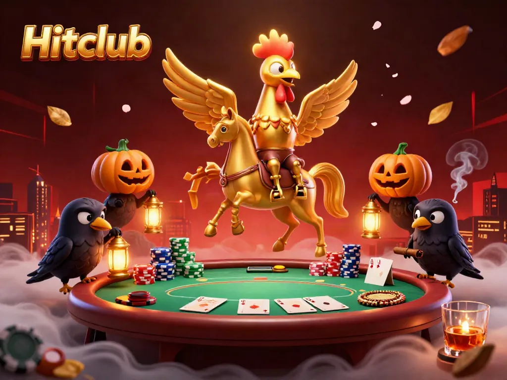 Engage with Hitclub's fiery golden rooster riding a spectral horse amidst a vibrant casino, featuring poker tables and colorful chips.