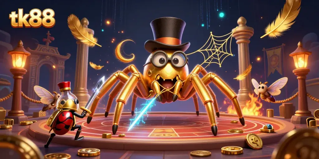 Experience thrilling fun at tk88 with 3D characters weaving golden webs among casino pillars.