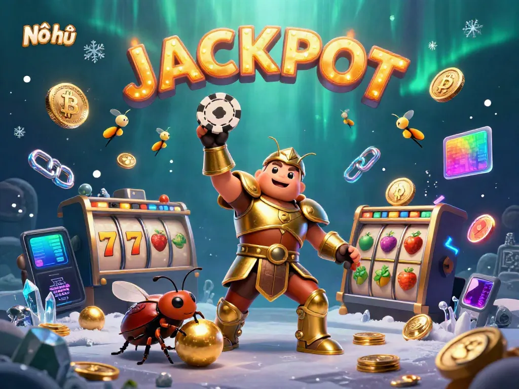 Nổ hũ jackpot scene featuring a victorious beetle, vibrant slot game elements, and crypto coins.