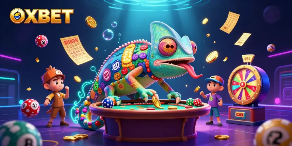 Play with OXBET in an exciting casino scene filled with animated game elements.
