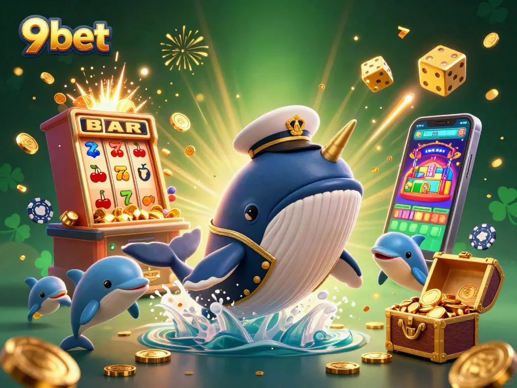 Experience 9bet's thrilling jackpot with playful dolphins and a whale amidst a sea of gold coins.