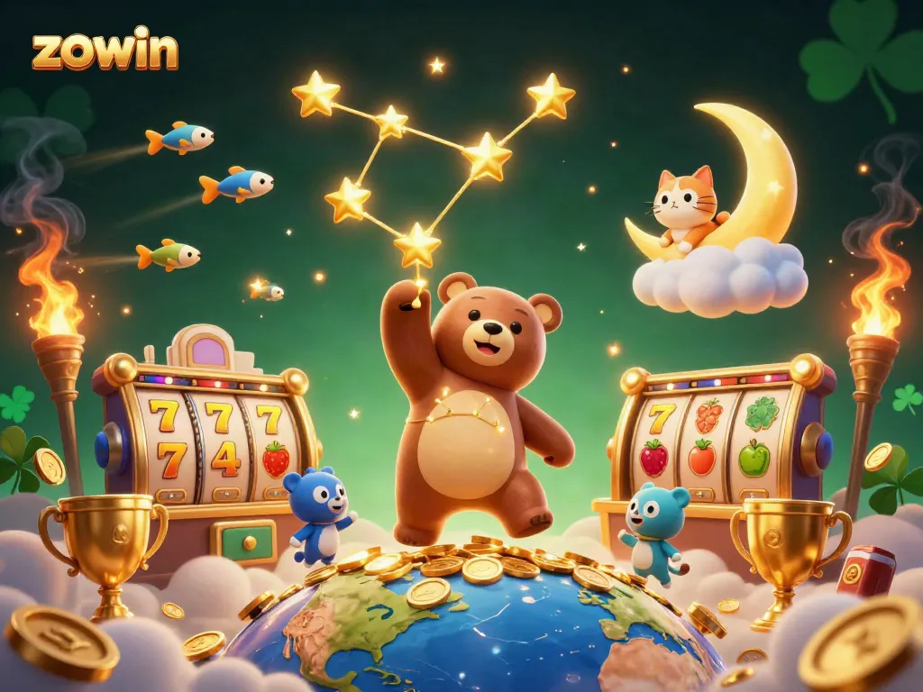 Experience the magic of zowin with a constellation bear collecting coins amidst vibrant slots and lucky symbols.