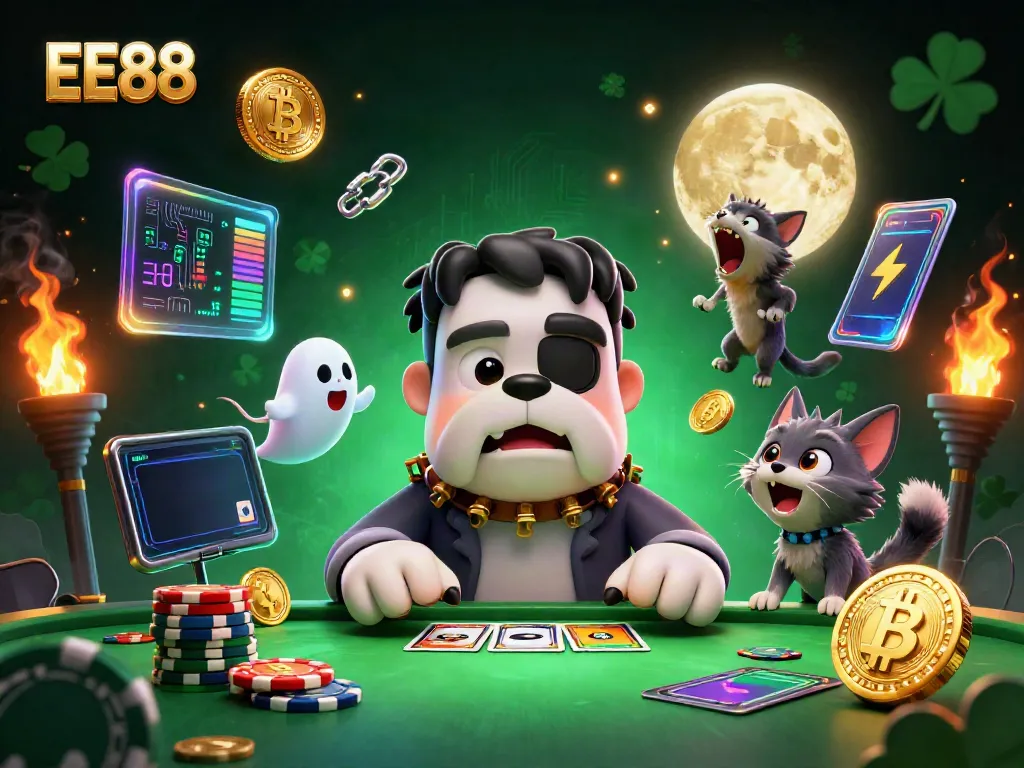 EE88 online casino illustration of a Frankenstein bulldog dealing cards with floating crypto coins, providing a dynamic gaming environment.