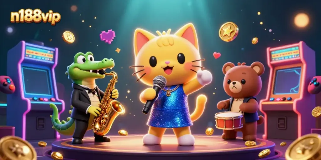 Engage with n188vip's vibrant casino experience featuring cats, crocodiles, and fun 3D arcade games.