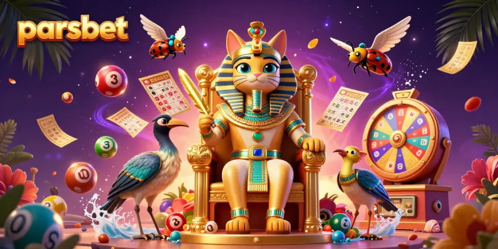 Spin and win with parsbet's vibrant Egyptian-themed casino illustration, showcasing dynamic gaming elements and characters.