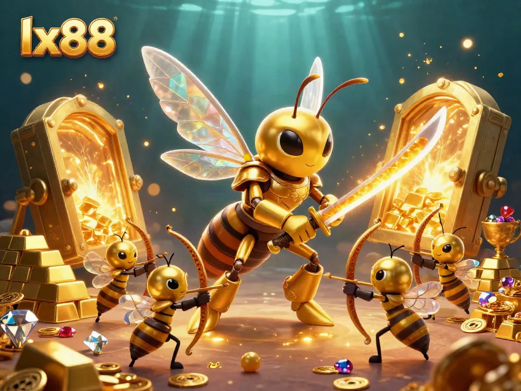 Experience the excitement of lx88 with vibrant casino-themed 3D characters and gold treasure.